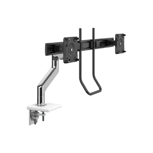 M8.1  Monitor Arm with Crossbar and Handle, Two-Piece Clamp Mount Base, Polished Aluminum with White Trim