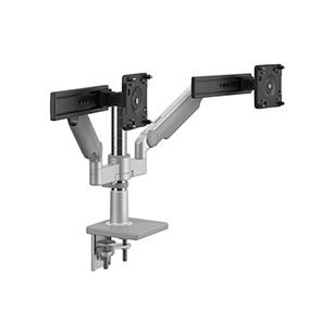 M/Flex with M2.1 Monitor Arms and Slider (2), Dual Arm Bracket, Two-Piece Clamp Mount, Silver with Gray Trim