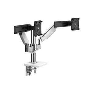 M/Flex with M2.1 Monitor Arms and Slider (2), Dual Arm Bracket, Two-Piece Clamp Mount, Polished Aluminum with White Trim