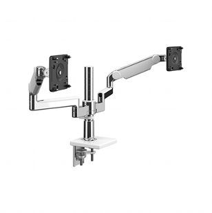 M/Flex with M2.1 Monitor Arms (2), Dual Arm Bracket, Two-Piece Clamp Mount,  Polished Aluminum with White Trim