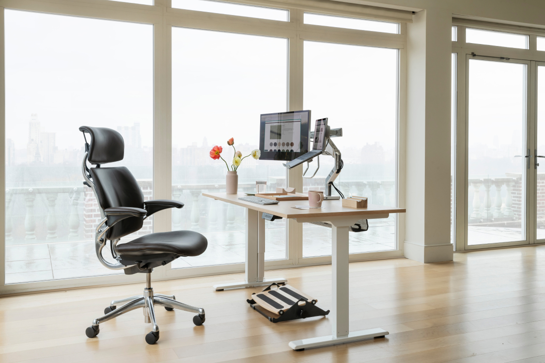 Freedom Headrest and eFloat Table setup, foot rocker, monitor arm with laptop holder