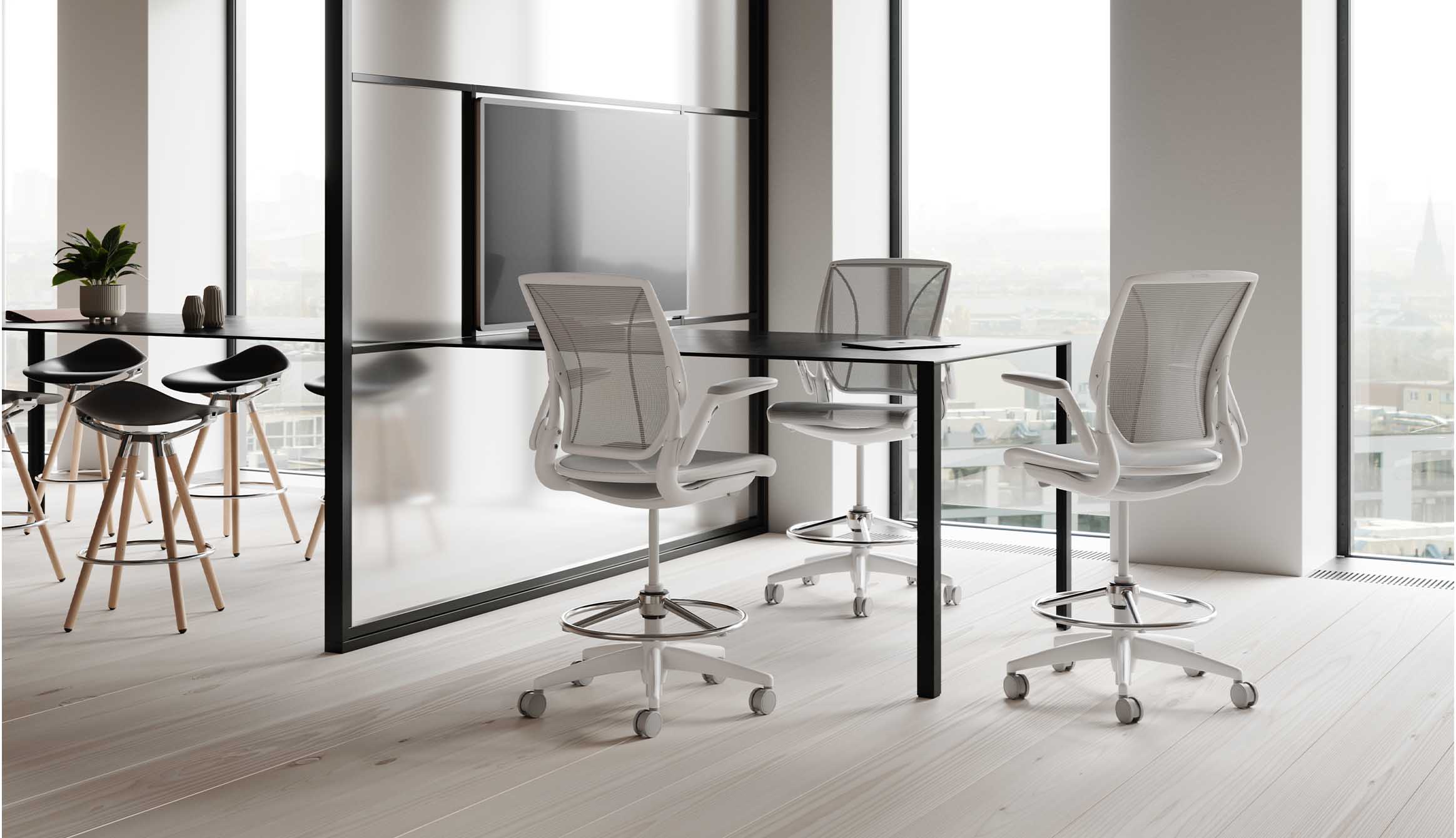 Diffrient World, High Task Stool, in Pinstripe White mesh