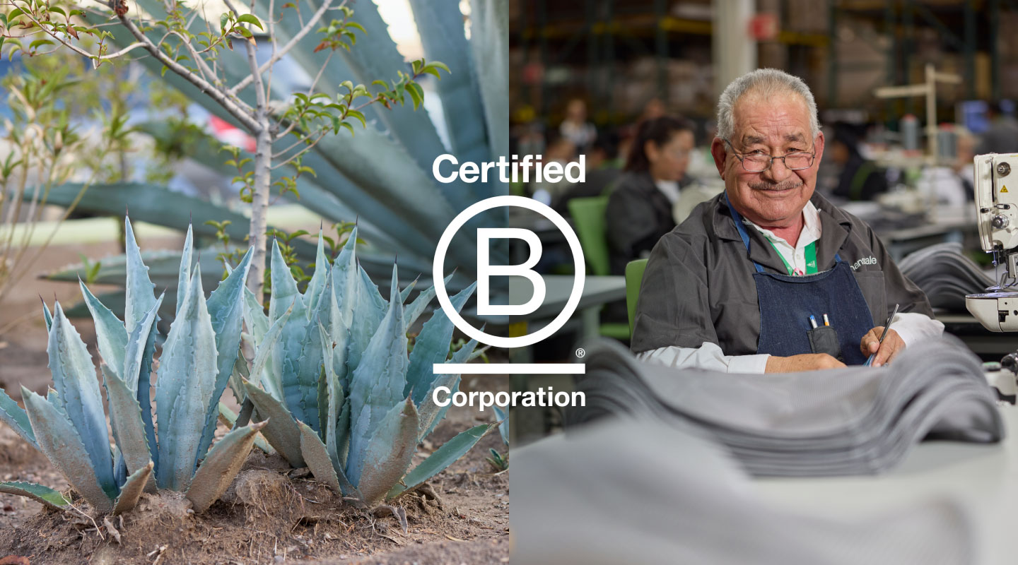 B Corporation Certified logo with a Humanscale worker smiling